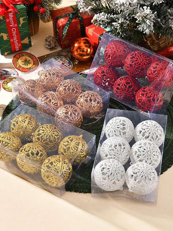 6PCS Christmas Gold Powder Hollow Christmas Ball Pendant Christmas Tree Christmas Ball Pendant Decoration Props, DIY Decorations For Christmas, Wedding, Thanksgiving - Hanging Ball Ornaments, No Feathers, Suitable For Home And Party Decorations,Christmas