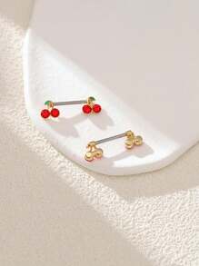 2pcs Fashionable & Cute Cherry Plant Stainless Steel Nipple Rings For Women - Multicolor - View 3