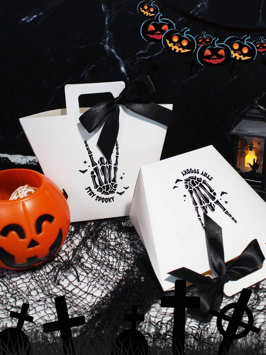 6pcs Spooky Skeleton Mini Gift Boxes With Black Satin Ribbon, Ideal For Halloween Candies, Chocolates, And Small Gifts, Fun Skeleton Design For Trick-Or-Treating And Halloween Decor,Christmas - Hand Tote Box - View 1