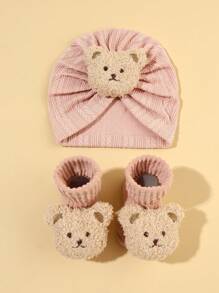 2 件套婴儿熊印花头带帽子和袜子套装，婴儿春秋季针织可爱卡通帽子爱情人节 - 彩色 - 查看 3