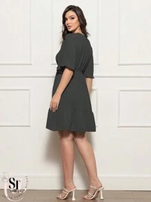 Women's Short Ruffle Dress Casual Duna Short Sleeve Midi Party Evangelical Fashion Elastic Waist. - 黑色 - 查看 3