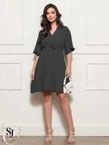 Women's Short Ruffle Dress Casual Duna Short Sleeve Midi Party Evangelical Fashion Elastic Waist. - 黑色 - 查看 2
