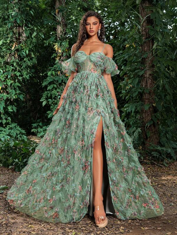 Back Lace Up Floral Mesh Cake Dress Elegant Formal Evening Prom Wedding Guest Gown, For Graduation, Dinner Party Dress