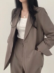 Traje de mujer traje pantalones a medida con bolsillo oblicuo con blazer corto con botón unicolor - Camel - Ver 1