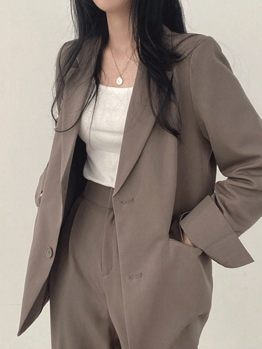 Traje de mujer traje pantalones a medida con bolsillo oblicuo con blazer corto con botón unicolor - Camel - Ver 1