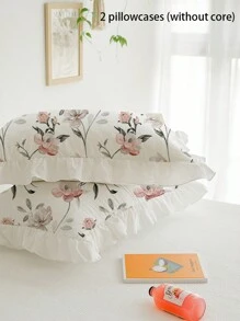 2 件花卉荷叶边纯色枕套，透气柔软，可机洗，适用于公主卧室、宿舍、酒店的装饰（白牡丹）