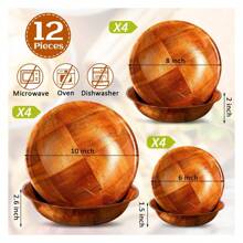 12 Pcs Wooden Salad Bowl Set Wooden Bowls For Snack Wood Salad Bowl Set Stackable Round Serving Bowl Wooden Woven Salad Bowl For Kitchen Meal Party And Salad Fruit Vegetable Snack, 6/8/10 Inch