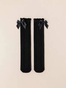 1 Cặp Tất dài cho trẻ em, Tất lưới ren nơ công chúa cao đến đầu gối cho bé gái, thoáng khí cho mùa xuân/hè - màu đen - Xem 2