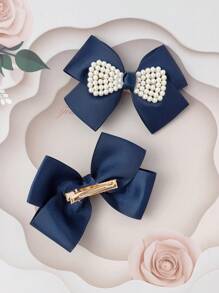2 件装海军蓝珍珠优雅蝴蝶结儿童发夹 - 藏蓝色 - 查看 3