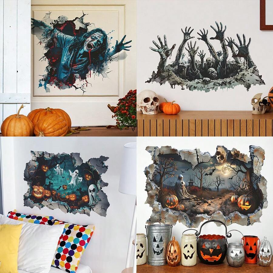 1pc Halloween Horror Broken Wall Monster Wall Decal - Multicolor - View 1