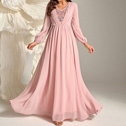 Women's Beaded Mesh Lantern Sleeve Extra Long Party Dress