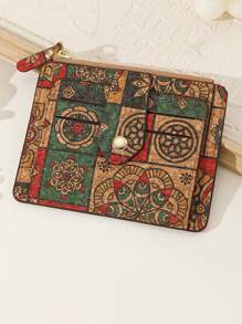 1pc Unisex Vintage Style Coin Purse 9 Card Slots Printed Pattern Soft Cork Material Suitable For Daily Use Card Holder Wallet Business Card Holder Credit Card Holder Id Card Holder Women For Women Mini Wallet Card Wallet