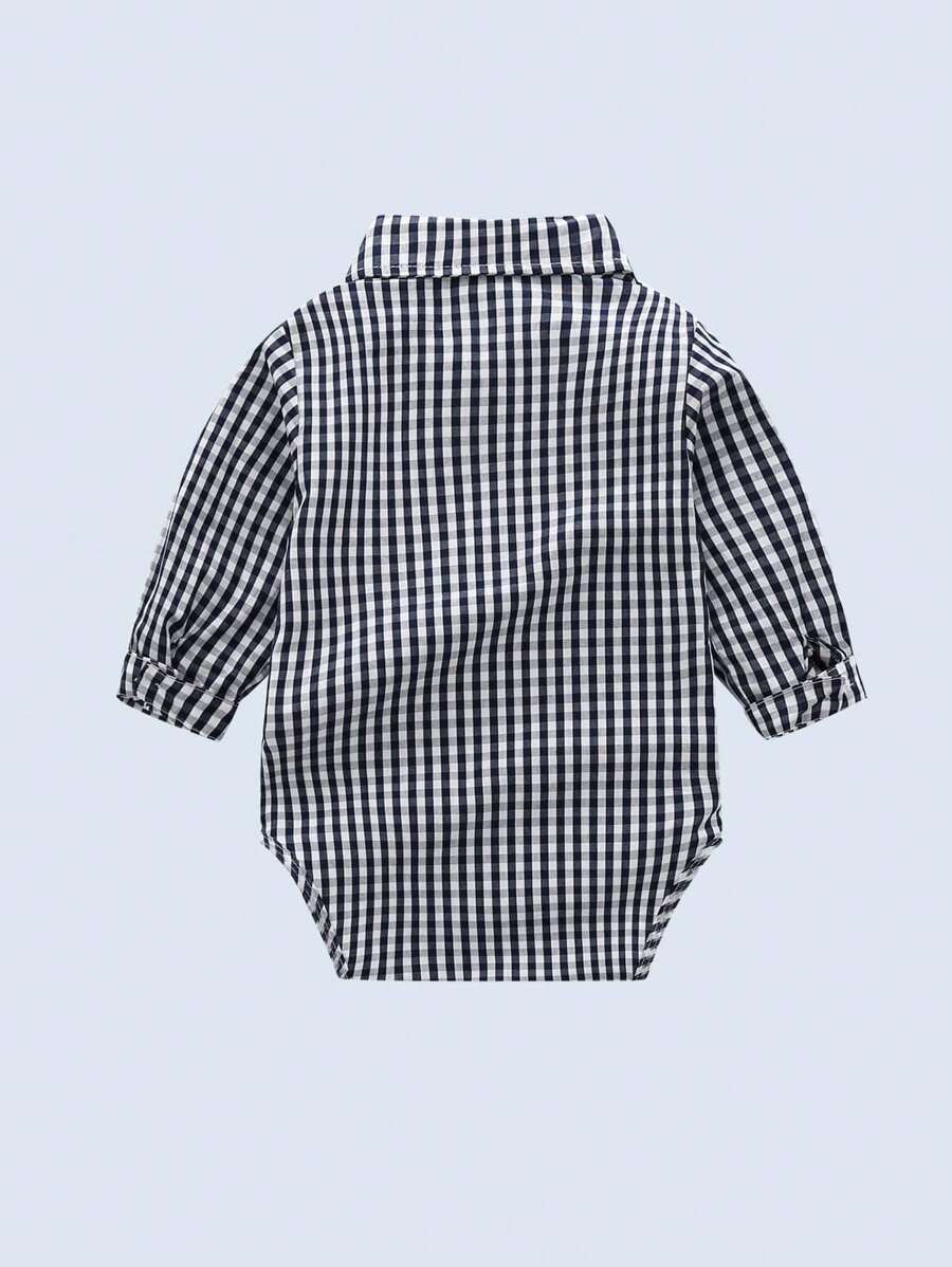 BOARNSEORL 男婴格子领衬衫，配领结，适合日常穿着、上学和假期、春季和秋季、圣诞节 - 黑色 - 查看 1