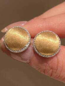 1pc Gold Textured Rhinestone Inlaid Round Stud Earrings, Niche Design, Versatile Vintage Style Earrings Suitable For Women's Daily Wear (Shipped Without Box) - Gold - View 4