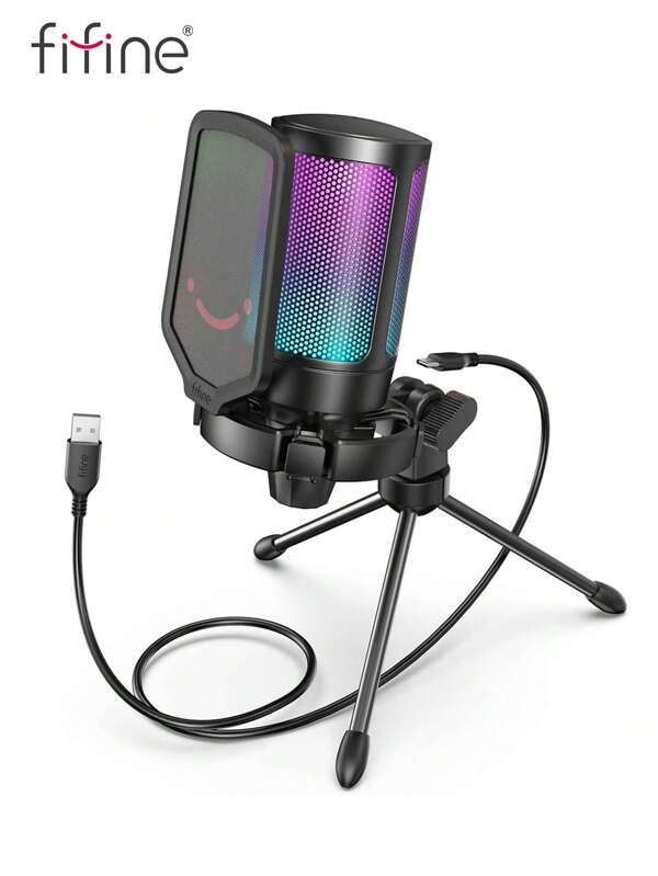 FIFINE Microfone USB Gamer para PC e Laptop, Microfone Condensador com Função de Mudo Rápido, Indicador RGB, Tripé, Filtro Anti-Pop, Suporte Anti-Choque, Controle de Ganho para Streaming, Discord, Twitch, Podcasts, Vídeos - FIFINE A6V
