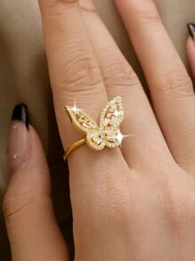 jealous young 1 件奢华蝴蝶锆石可开口女士派对戒指，带锆石奢华珠宝礼物 - 金色 - 查看 7
