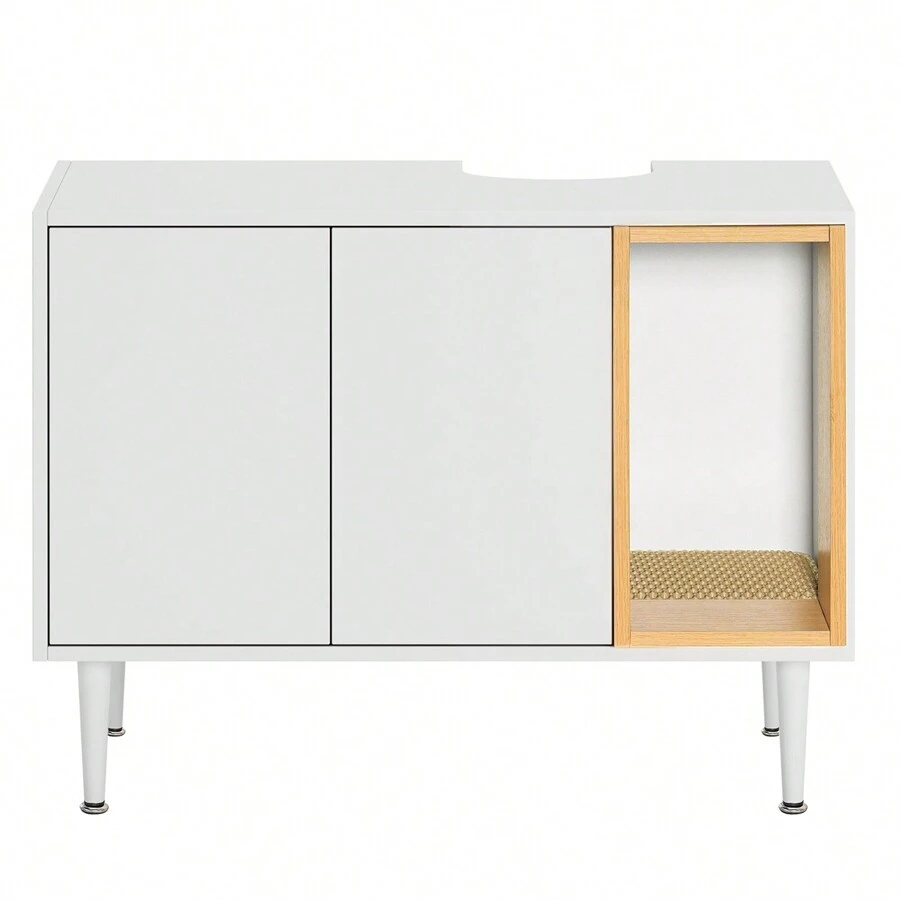 Bathroom Sink Cabinet With Cat Litter Box Enclosure, Hidden Litter Pet Washroom With Divider, Indoor Cat House For Large Cats, Wooden Cabinet Furniture, White - White - View 1
