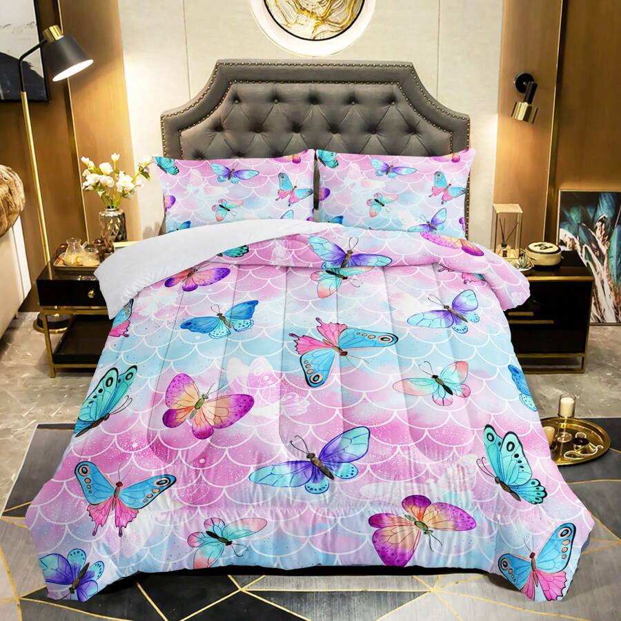 3Pcs Rainbow Butterfly Comforter Set For Girls Kids Adults Mermaid Scales Pattern Bedding Set Aesthetics Butterflies Quilt Bed Set With 1 Comforter And 2 Pillowcases (No Pillow Core) - Butterfly 1 - View 1