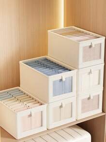 1 Pieza Caja de almacenamiento con cubierta beige, organizador de ropa de tela plegable con ventana transparente, caja de almacenamiento con cajón para pantalones vaqueros, decoraciones para el hogar, decoraciones festivas, decoración de habitación, decoración de dormitorio, vestidos, pantalones, zapatos, vaqueros, botas, faldas, camisetas blancas de mujer, pantalones negros de mujer, ropa de invierno para damas