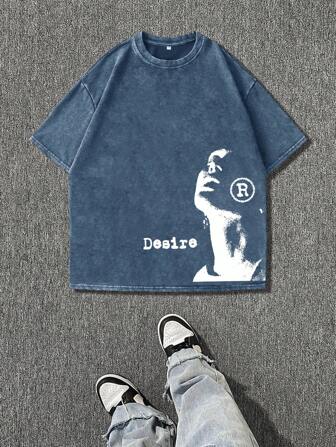 Camiseta casual de gola redonda de manga curta com estampa de retrato em lavagem vintage para homens