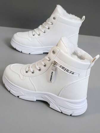 1 par vita kvinnor Casual snöstövlar Rund tå utomhus snörning Vattentät konstläder Termofodrad High Top Dragkedja Dekorstövlar för höst/vinter