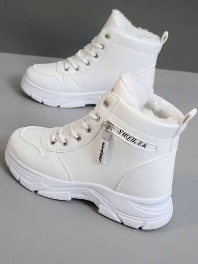 1 Pair White Women Casual Snow Boots Round Toe Outdoor Lace-Up Waterproof Faux Leather Thermal Lined High Top Zipper Decor Boots For Autumn/Winter