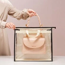 3 件装手提袋收纳防尘袋透明可见服装袋便携式衣服挂式衣柜收纳袋防水浴室防潮衣橱挂袋收纳袋