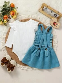 Conjunto de vestido de peto con tirantes con estampado de girasoles azul para niñas bebé - Azul - Ver 7