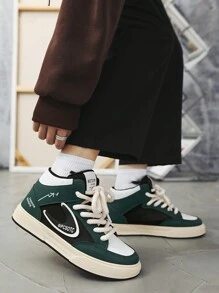 Men High-Top Leisure Luxury Sneakers PU Shoes, Lace-Up Casual Sport Shoes, Hip-Hop Street Style Flat Shoes, Autumn - Dark Green - View 2