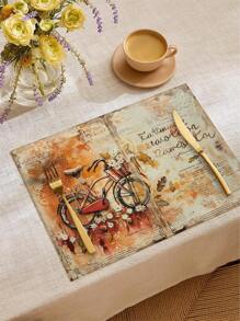 1 件/4 件复古风格亚麻餐垫，秋季主题，带有蝴蝶、南瓜、小鸟、自行车图案，防尘，适用于家庭、餐厅、餐桌装饰、家居装饰、派对用品 - 彩色 - 查看 8