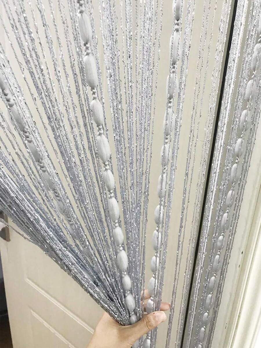 1pc Home Decoration Door String Curtain Flat Silver Ribbon Thread With Shaggy Tassel Room Divider, 39inx79in - Xám - Xem 1