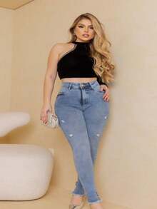 WOMEN'S PREMIUM HIGH WAIST JEANS, LIGHT WASH, LIFTS BUMS 23 DEGREES - 淺色水洗藍 - 查看 3