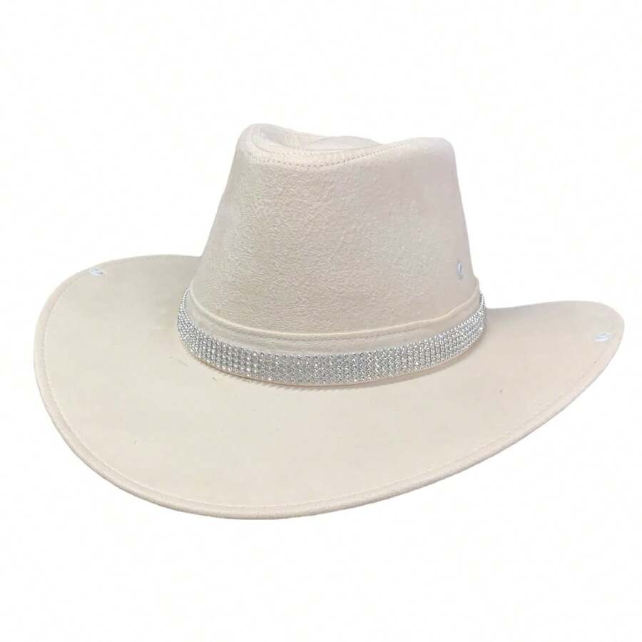 Customized Suede Cowboy Hat With Glitter Stripe - Champagne - View 1