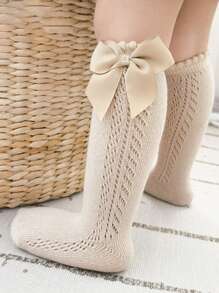 1pair Girls Bowknot Knitted Frilly Knee-High Socks, Breathable & Insect-Repellent - Light Grey - View 5