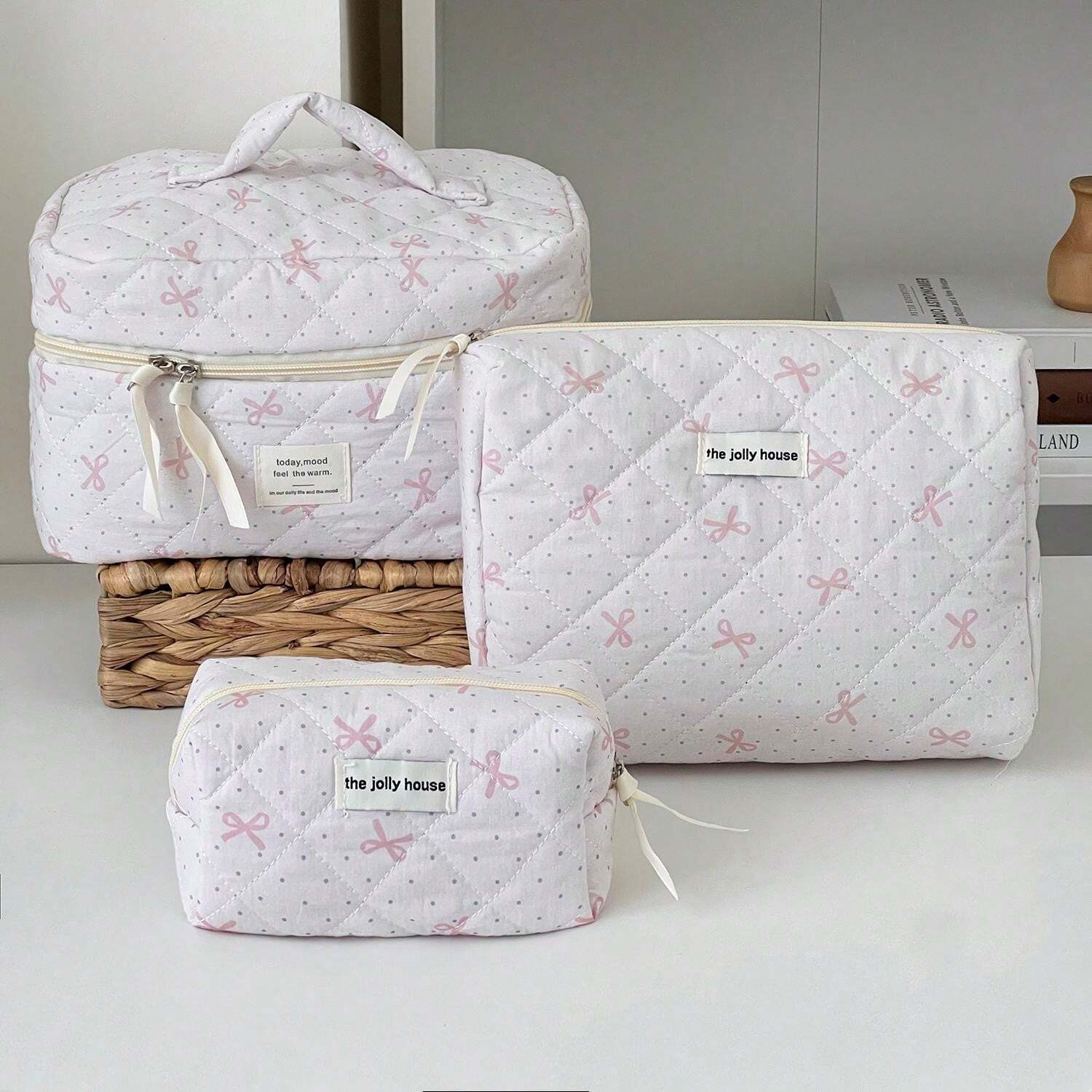 Pink & White Polka Dot Bow Makeup Bag, Fabric Printed Zipper Design