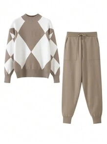 GIGOGOU Two Pieces Autumn Winter Women Sweater Set Fashion Knit Harem Pant Tracksuit With Pocket - Camel - View 2