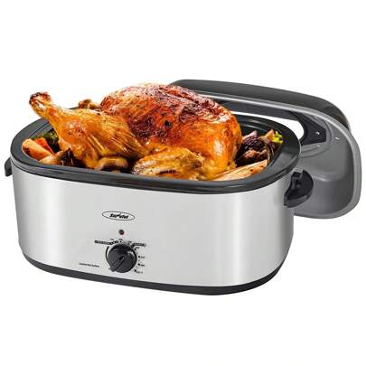 RoyalCraft 30lb 26-Quart Roaster Oven, Electric Roaster Oven With Viewing Lid, Turkey Roaster With Unique Defrost/Warm Function, Large Roaster With Removable Pan & Rack, Stainless Steel, Silver