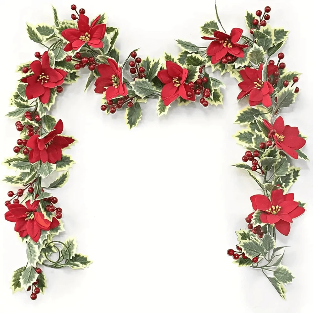 Nathdy 1pc Artificial Christmas Garland - Lifelike Flower And Berry Vine With Lush Green Leaves, Easy To Hang, Perfect For Festive Atmosphere - Ideal For Christmas, Anniversary, Wedding, Birthday, Wall Arch Decor,Christmas - Multicolor - View 1