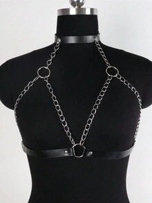 1pc Women's Dark Style Chest Harness Body Chain, PU Leather Waist Strap Decor, Suitable For Festival Celebrations And Parties - Black - View 3
