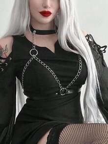 1pc Women's Dark Style Chest Harness Body Chain, PU Leather Waist Strap Decor, Suitable For Festival Celebrations And Parties - Black - View 2