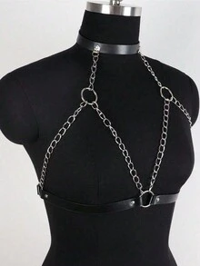 1pc Women's Dark Style Chest Harness Body Chain, PU Leather Waist Strap Decor, Suitable For Festival Celebrations And Parties - Black - View 4