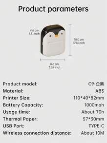 Mini C9 Small Portable Rechargeable Printer With Cute Penguin Design, Including A Roll Of Thermal Paper - Black and White - View 9