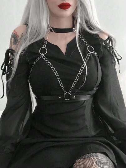 1pc Women's Dark Style Chest Harness Body Chain, PU Leather Waist Strap Decor, Suitable For Festival Celebrations And Parties