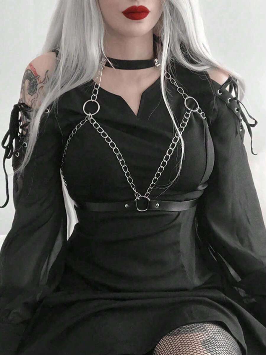 1pc Women's Dark Style Chest Harness Body Chain, PU Leather Waist Strap Decor, Suitable For Festival Celebrations And Parties - Black - View 1