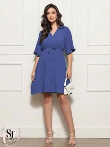 Women's Short Ruffle Dress Casual Duna Short Sleeve Midi Party Evangelical Fashion Elastic Waist. - 寶藍色 - 查看 2