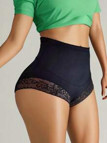 1pc High Waist Lace Trim Shapewear Legging, [Tight-Fit Style, Please Order 1-2 Sizes Up If Prefer Loose Fit] Women Anti-Chafing Seamless Tummy Control Slimming Shaping Pants, Fashion Activewear Body Shaper Gym Accessories For Belly Slimming Girdles, Lumbar Girdles For Belly Slimming Corset - Black - View 3