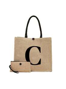 2pcs Set Minimalist Initial Print Linen Tote Bags, Travel Essential, Cosmetic Bag, Large Capacity Travel Makeup Bag, Multifunctional Portable Handbag, Teacher's Day Gift, Birthday, Holiday, Back To School, Beach, Travel, Commute, Business, Student, Picnic, Camping, Supermarket, Daily Use Linen Bag, Best Christmas Gift For Teachers, Beach Vacation, Shopping And Holiday Essential, Best Teacher's Day Gift - Khaki - View 25