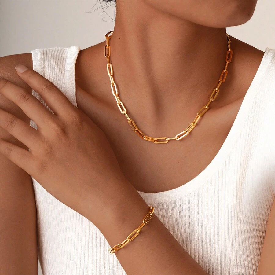 MONALLY Set de joyas de lujo chapado en oro de 18 quilates 1 set Collar y pulsera de cadena anular minimalista de acero inoxidable chapado en oro para mujer regalo de cita y compromiso - Conjunto de collar y pulsera - Ver 1