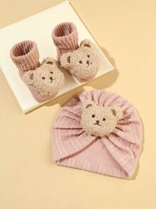 2 件套婴儿熊印花头带帽子和袜子套装，婴儿春秋季针织可爱卡通帽子爱情人节 - 彩色 - 查看 9