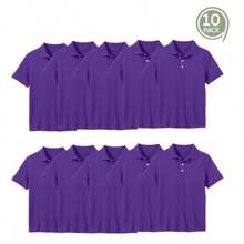 Young Boy 10-Pack School Uniform Tagless Polo Shirts - Grape - View 6